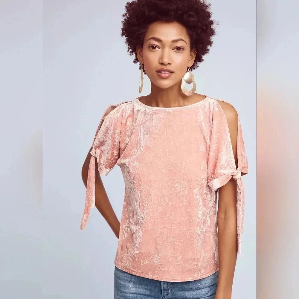 Maeve Anthropologie Velvet Blush Pink Open Shoulder Bow Top Size Medium Women's